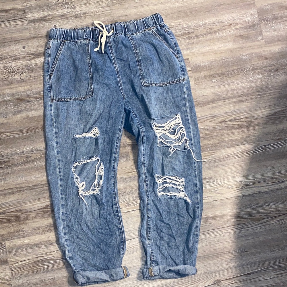 LAST CHANCE! EUC Super High Rise Denim Distressed Joggers 13